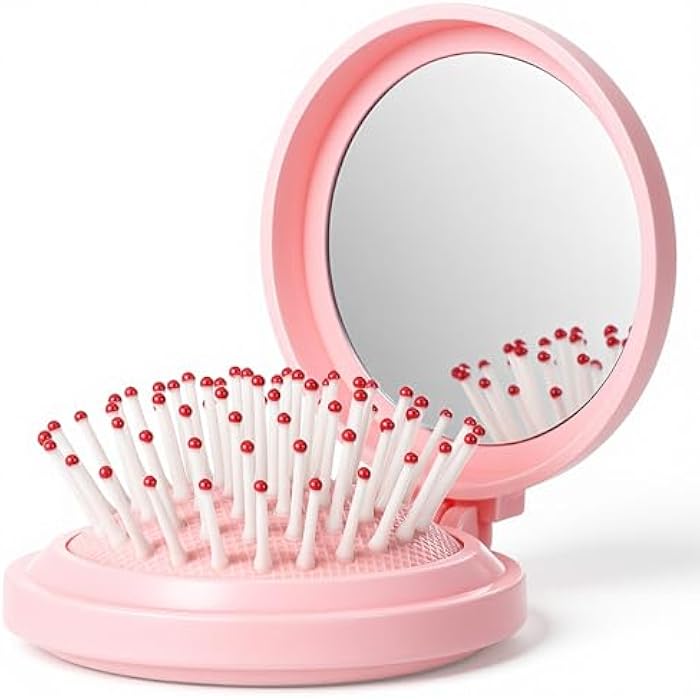Matwsec Mini Travel Brush for Women Folding Hair Brush Portable Mini Hairbrush with Mirror, Compact Pop Up Pocket Brushes, Small Travel Size Flip Brushes for Purse Girls Wet and Dry Hair, Pink - Image 1